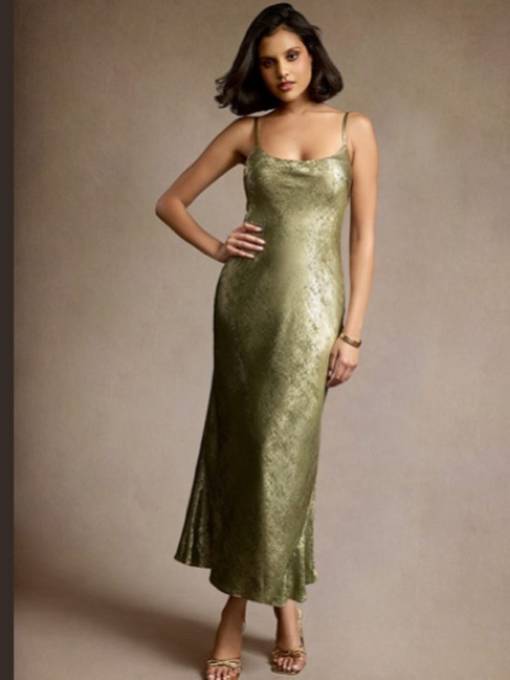 Azazie Metallic Gold Slip Maxi Dress